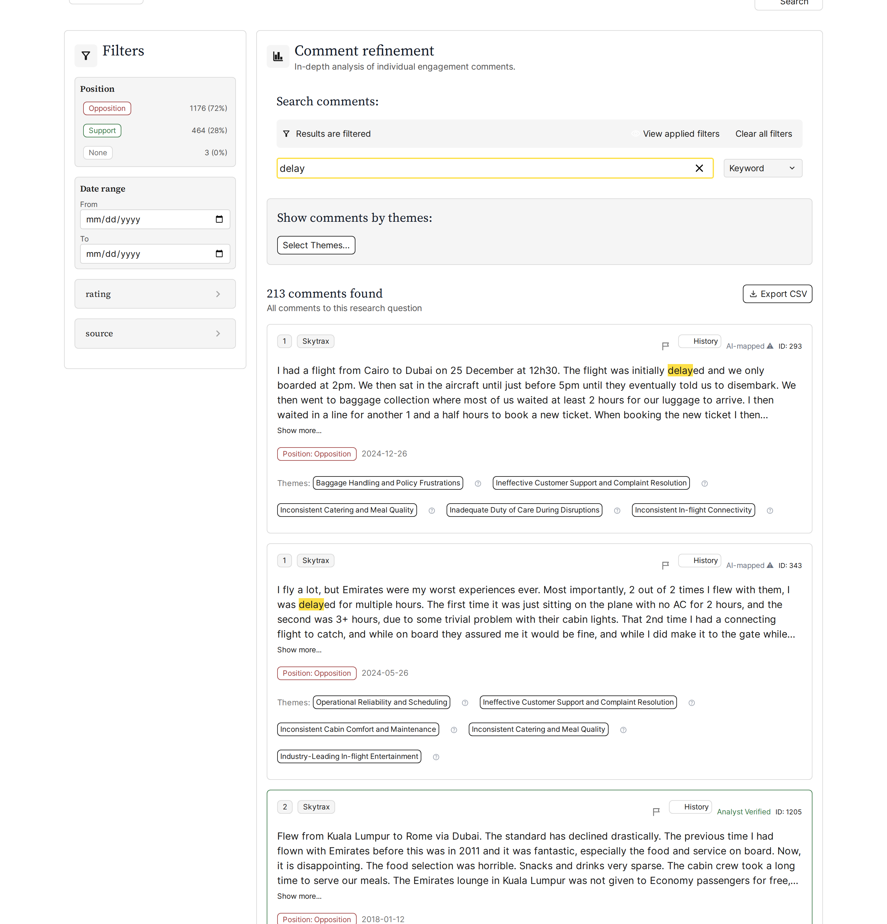 The comment view filtered to 213 results by a keyword search for “delay”, with the matched word highlighted in each comment.