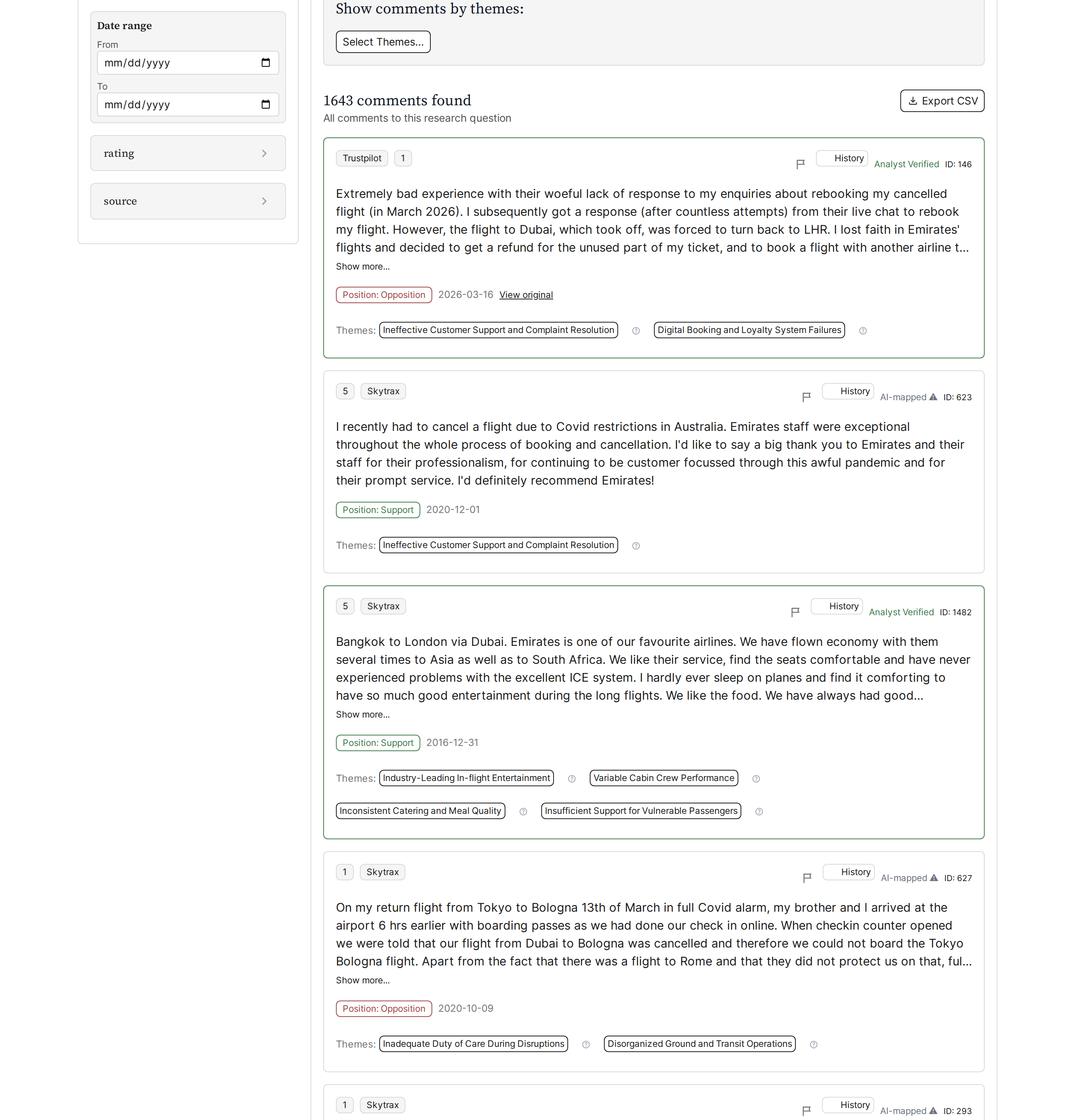 The comment list showing each comment marked either Analyst Verified (green) or AI-mapped, alongside its themes and sentiment.