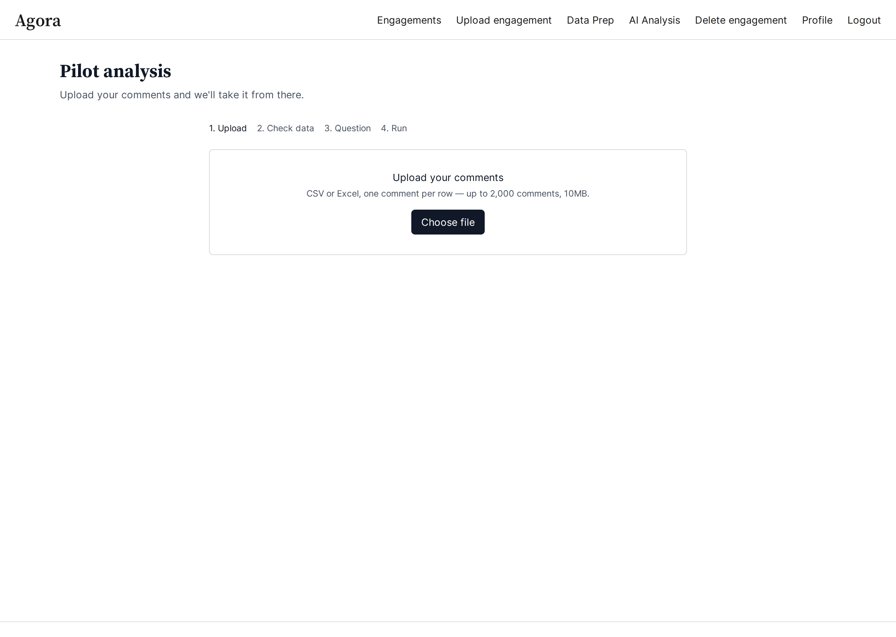 The pilot wizard's upload screen, asking for a CSV or Excel file.